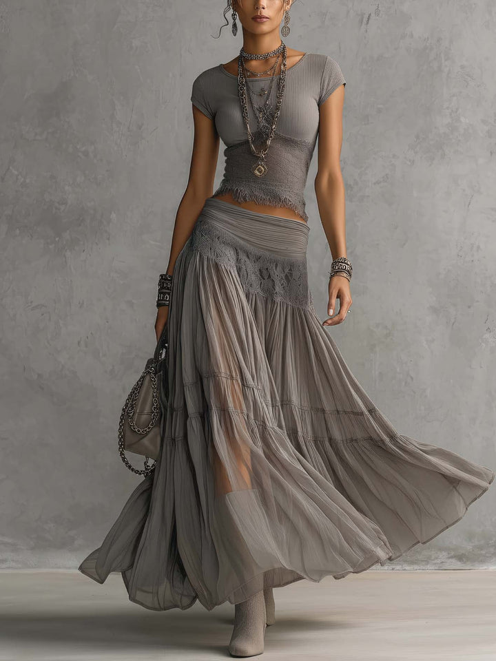 Elena™ Lace Panel Top & Pleated Maxi Skirt Set