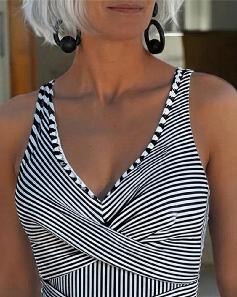 Striped V-Neck Swimsuit