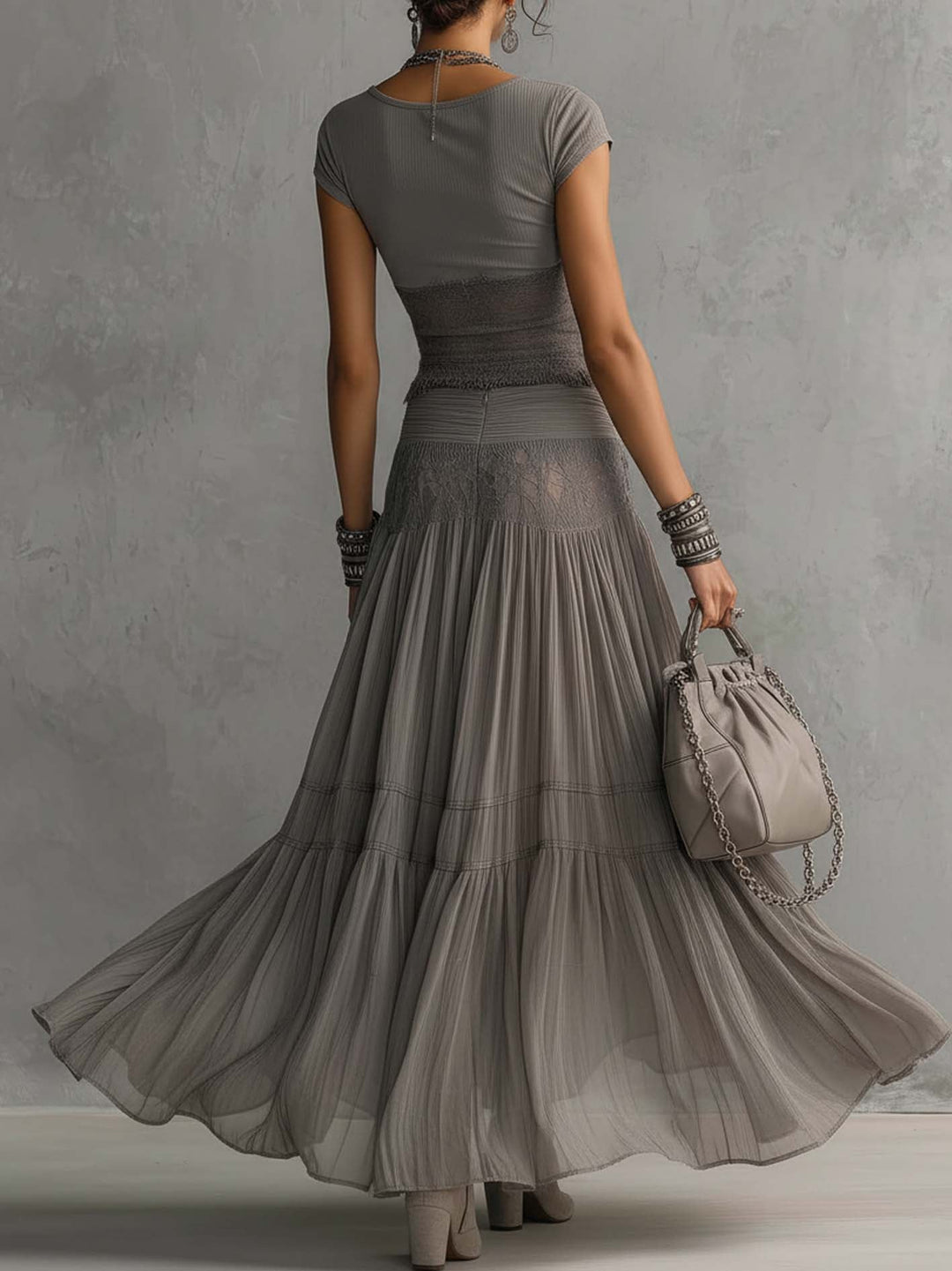 Elena™ Lace Panel Top & Pleated Maxi Skirt Set