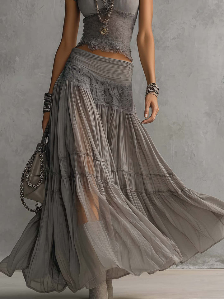 Elena™ Lace Panel Top & Pleated Maxi Skirt Set