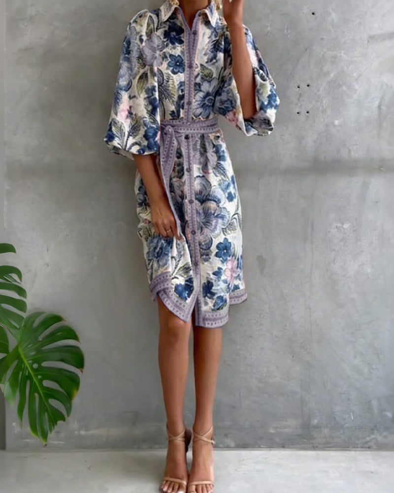 Printed Lantern Sleeve Maxi Dress