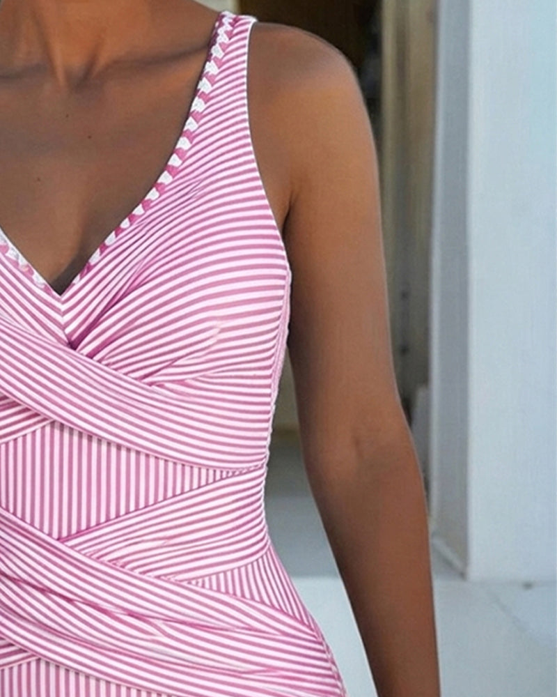 Striped V-Neck Swimsuit