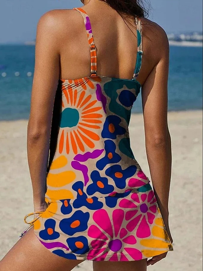 Fiesta – Graphic floral tankini with shorts, tummy-flattening effect