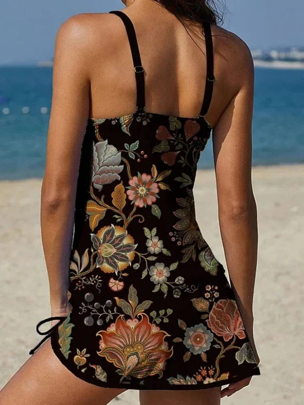 Fiesta – Graphic floral tankini with shorts, tummy-flattening effect