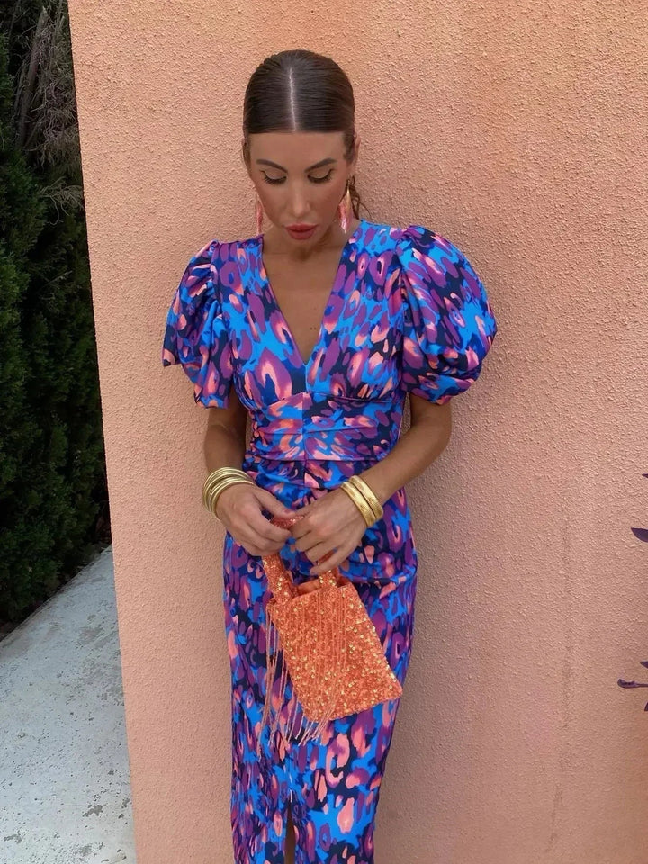Aurora™ | Vibrant Midi Dress with Puff Sleeves