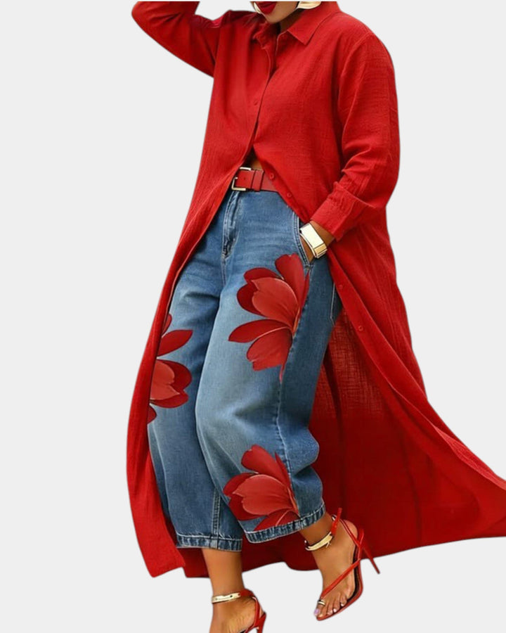 Céliane | Denim dress and wide-leg denim trousers set