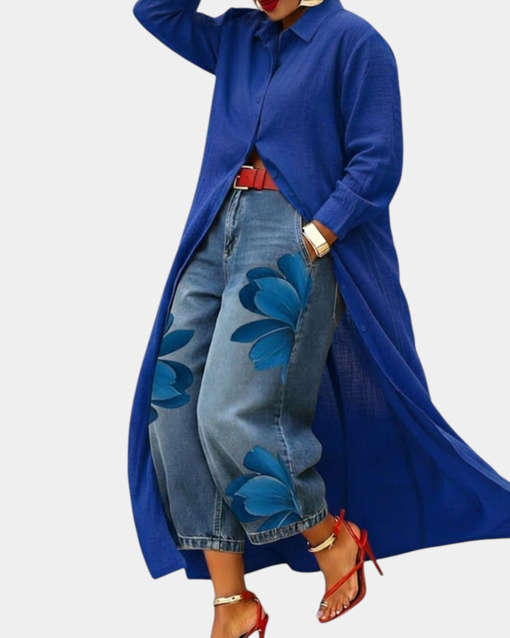 Céliane | Denim dress and wide-leg denim trousers set